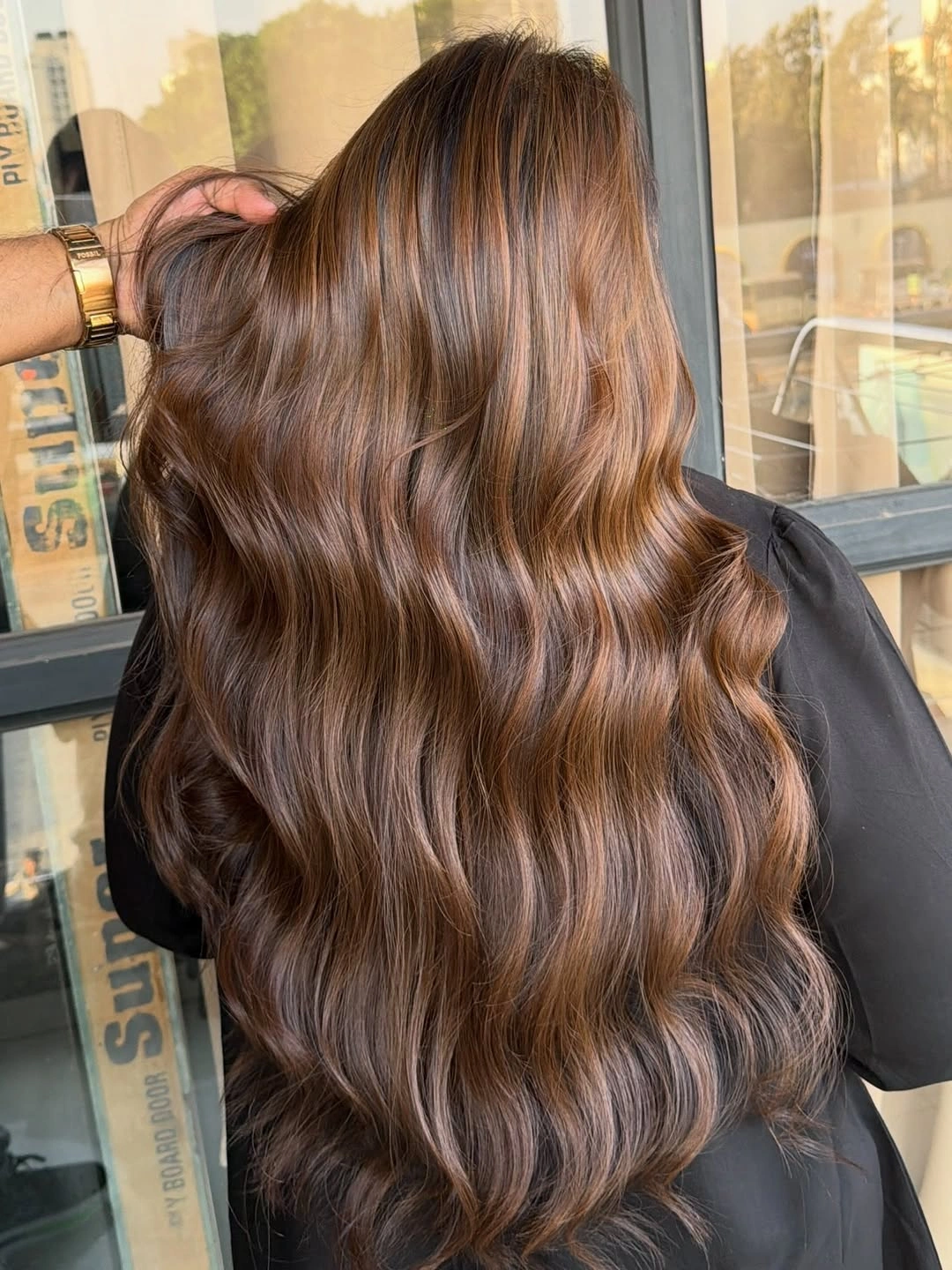 chestnut brown hair color Glossy Chestnut Waves with Soft Caramel Dimension