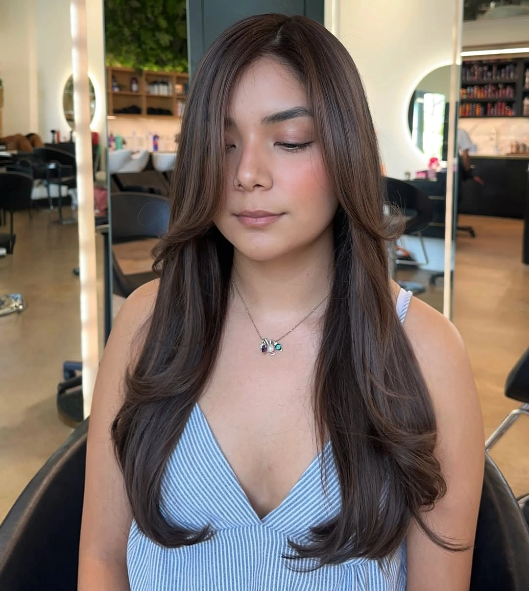 chestnut brown hair color Silky Face-Framing Layers with Soft Neutral Chestnut