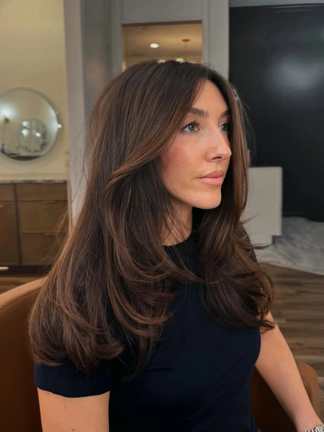 chestnut brown hair color Elegant Layered Blowout with Rich Espresso Chestnut