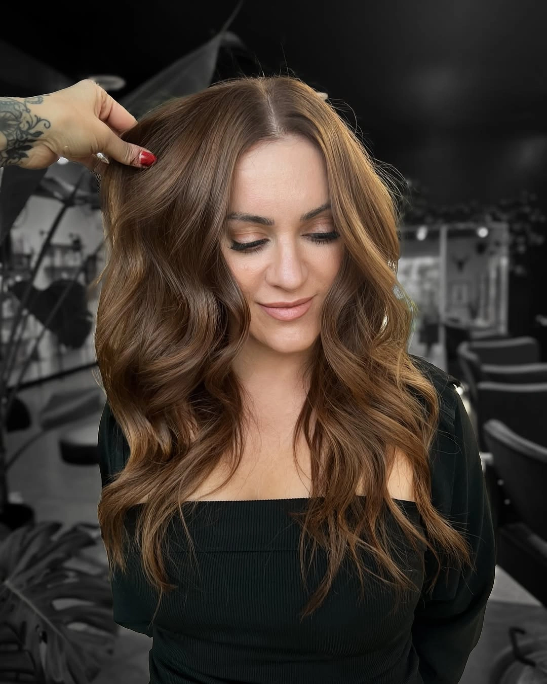 chestnut brown hair color Dimensional Chestnut Waves with Soft Balayage