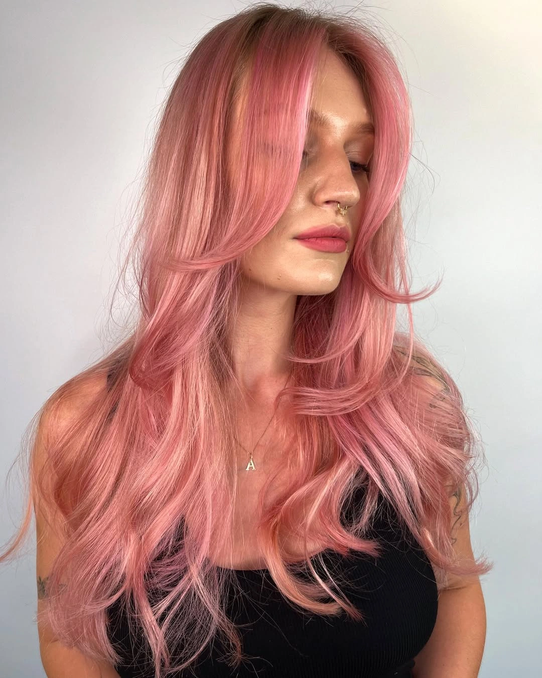 choppy medium layered hair Rose Pink Layers with Sweeping Curtain Bangs