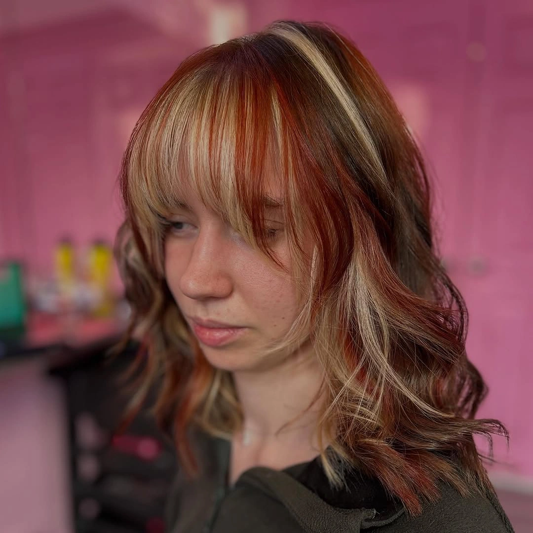 choppy medium layered hair Copper Blonde Choppy Waves with Piecey Fringe