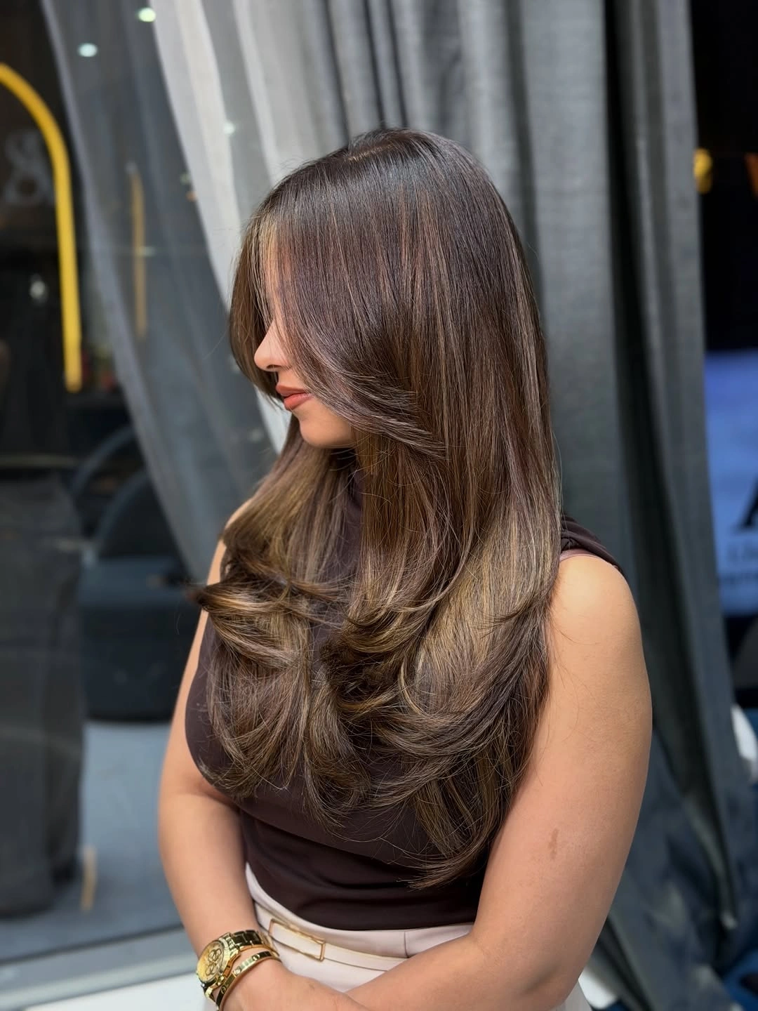 choppy medium layered hair Mocha Layers with Glossy Face-Framing Flow