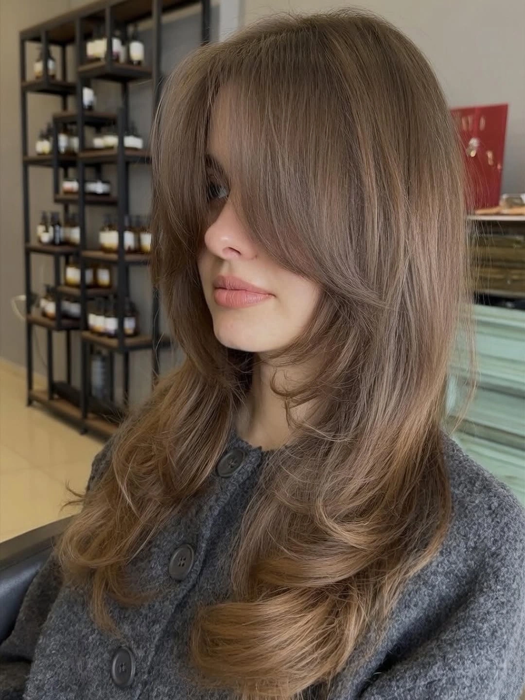 choppy medium layered hair Mushroom Brunette Layers with Veiled Curtain Fringe