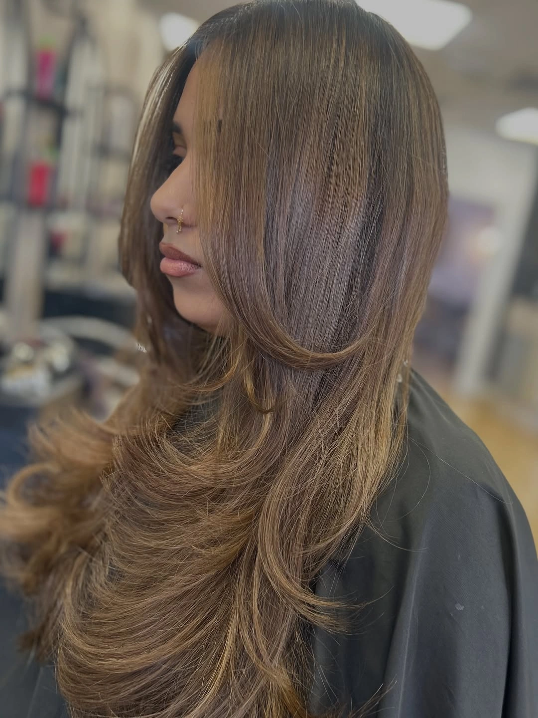 choppy medium layered hair Glossy Brunette Butterfly Layers with Caramel Ribbons