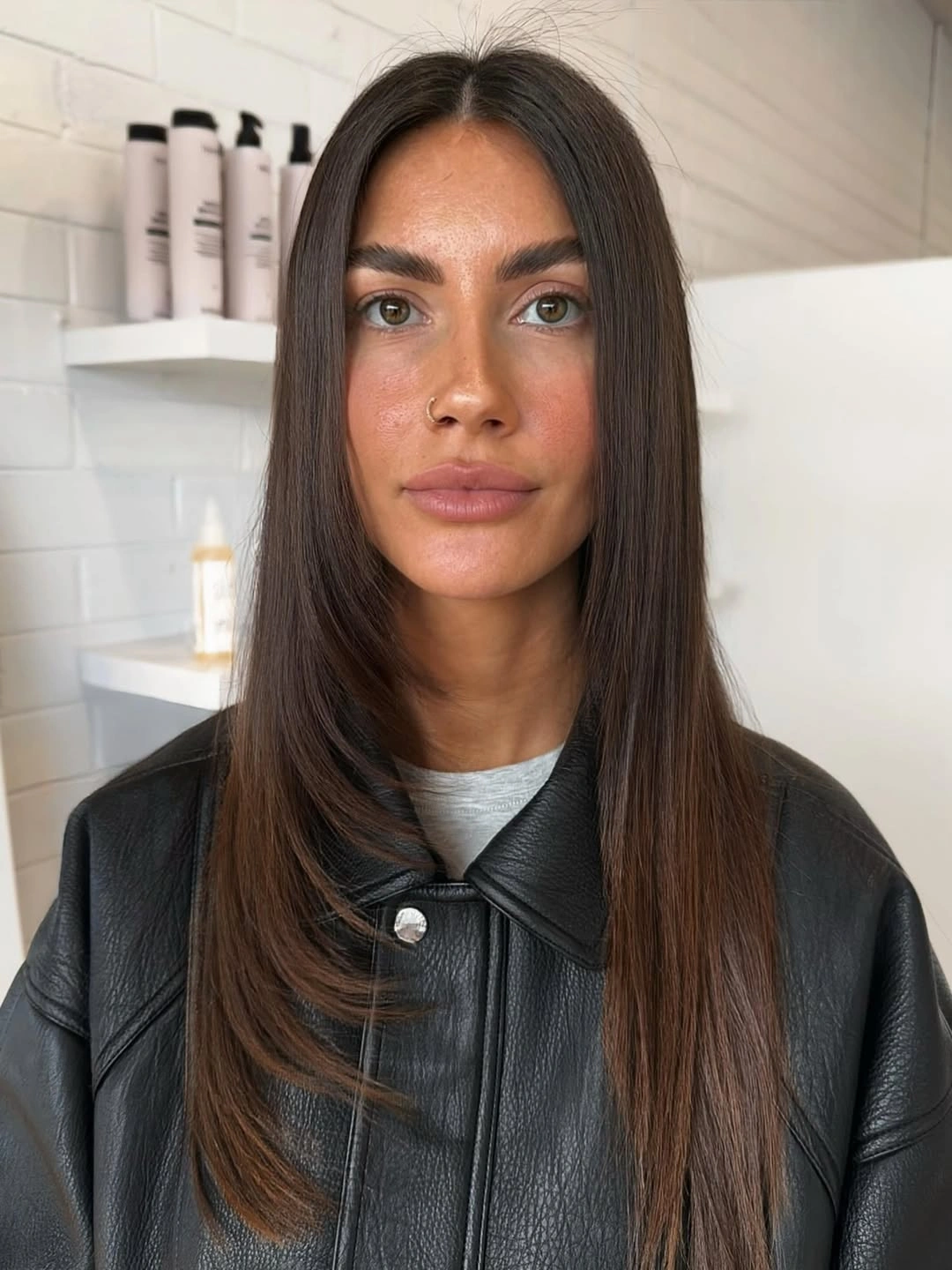 choppy medium layered hair Sleek Brunette Face-Framing Layers