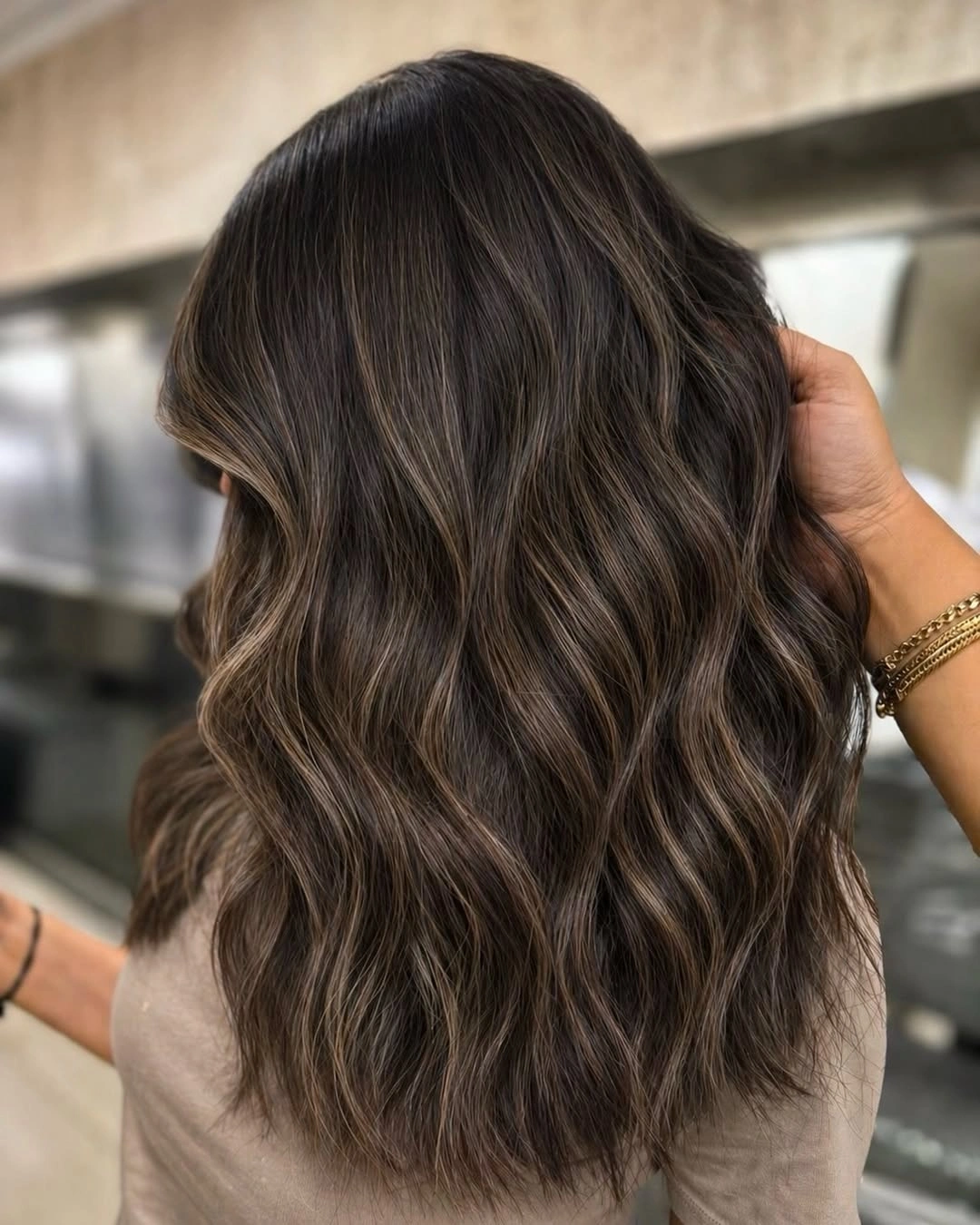 dimensional brunette hair color Soft Espresso Waves with Seamless Light Dimension