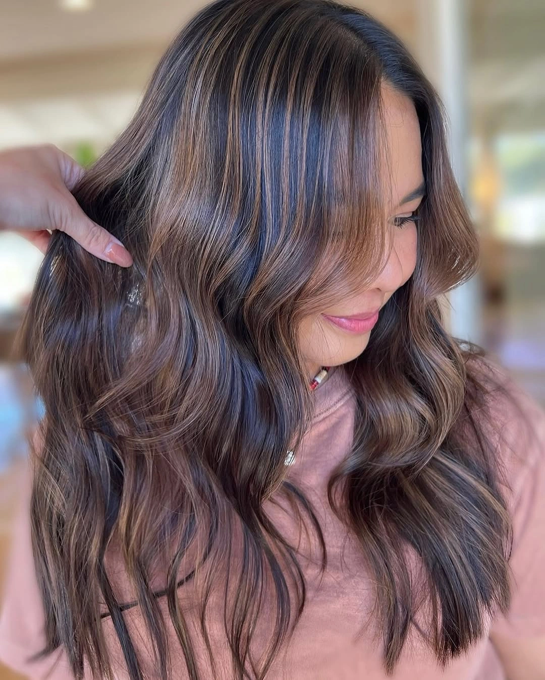 dimensional brunette hair color Smoky Mocha Brunette with Relaxed Everyday Waves