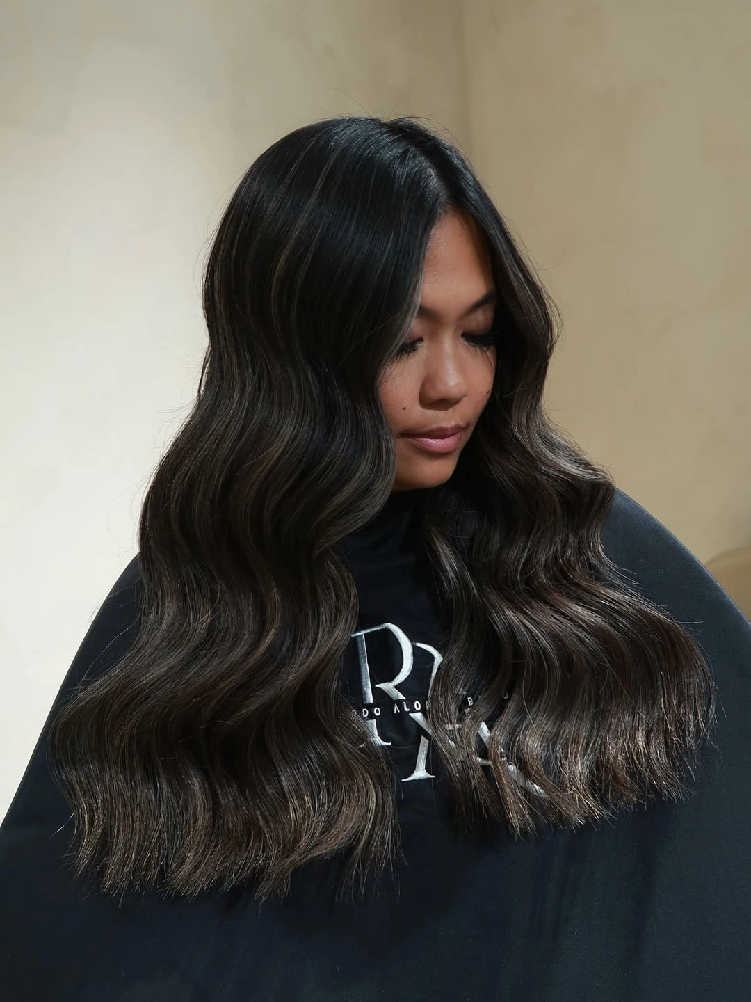 dimensional brunette hair color Cool Espresso Waves with Luxe Soft Contrast