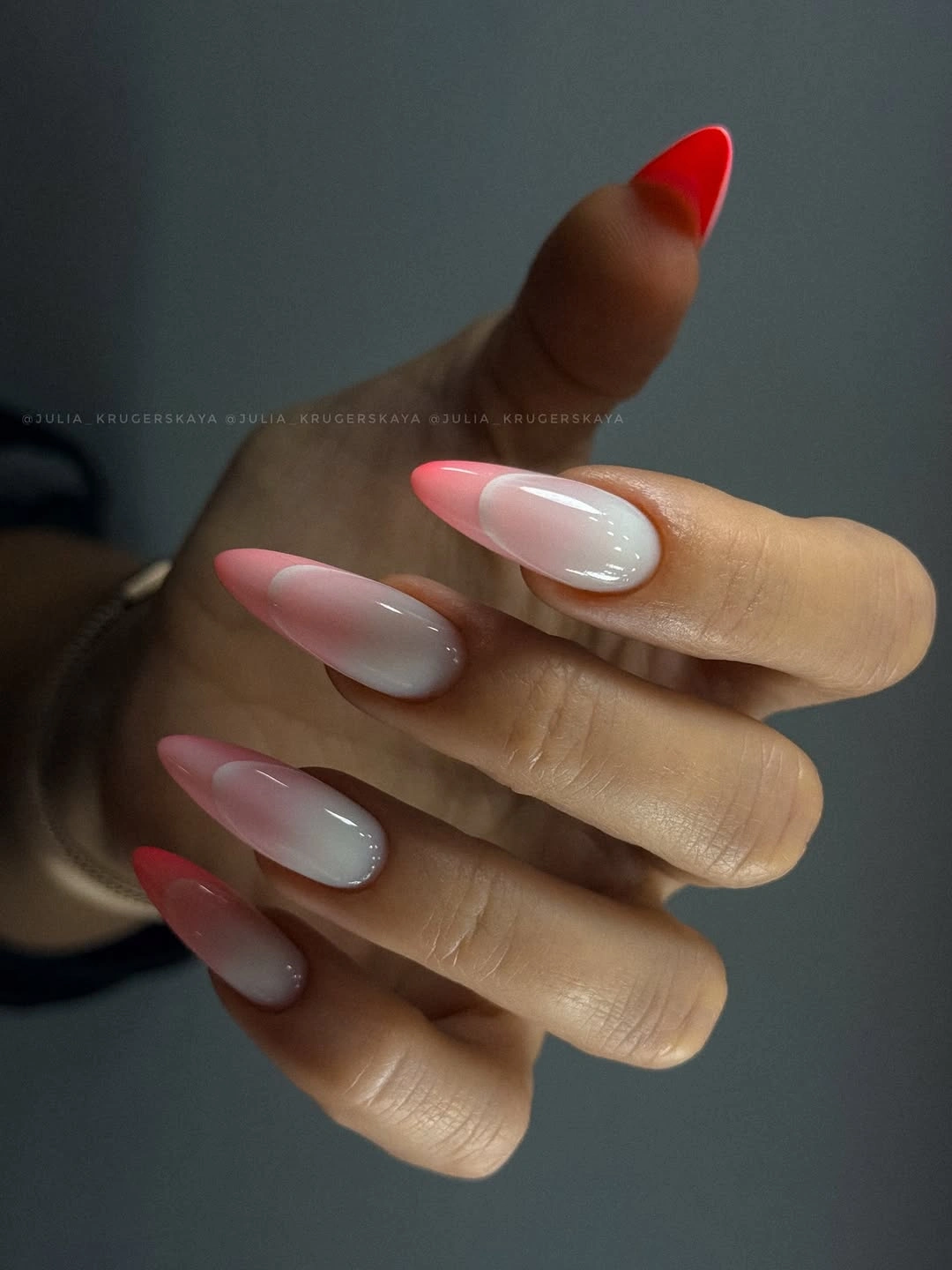 pink tipped ombre glossy almond nails