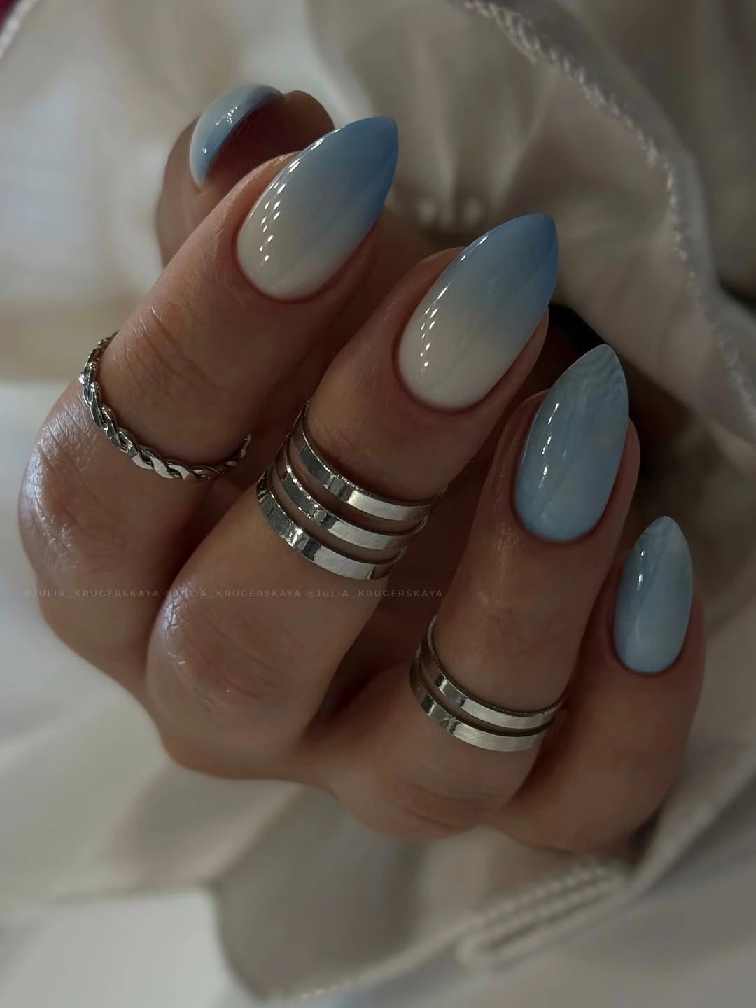 soft blue ombre glossy almond nails