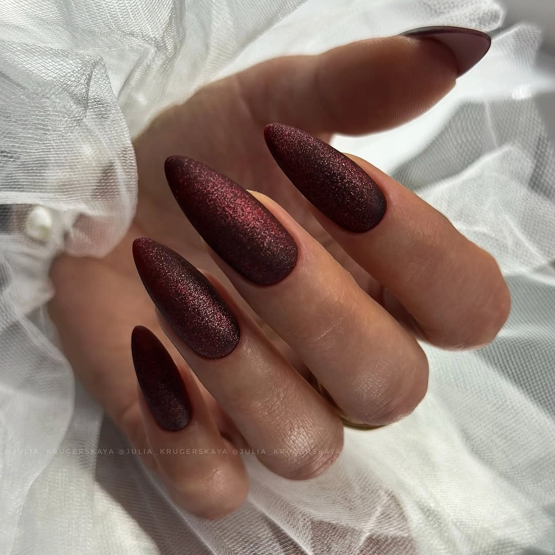 burgundy shimmer long almond nails