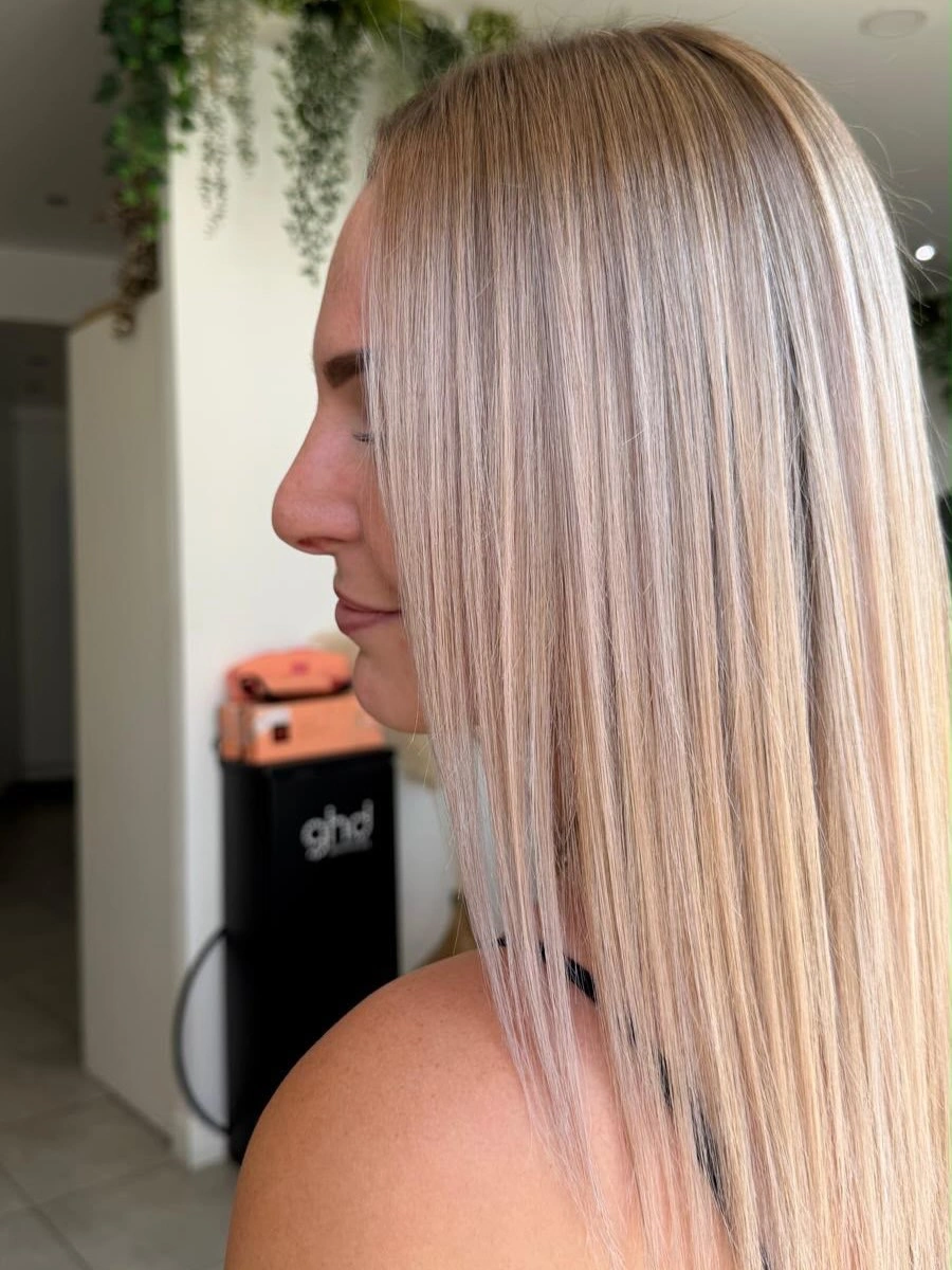 Fall blonde hair colour 2026 Cool Pearl Blonde with Glass-Like Straight Finish