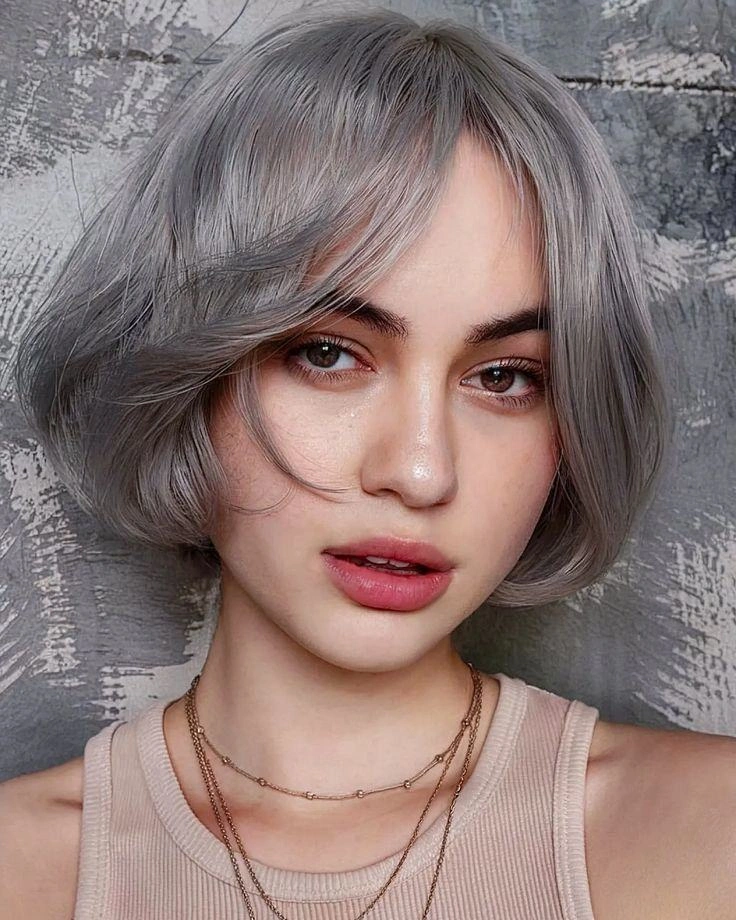 fall bob haircut ideas 2026 Soft Silver French-Inspired Bob With Airy Fringe