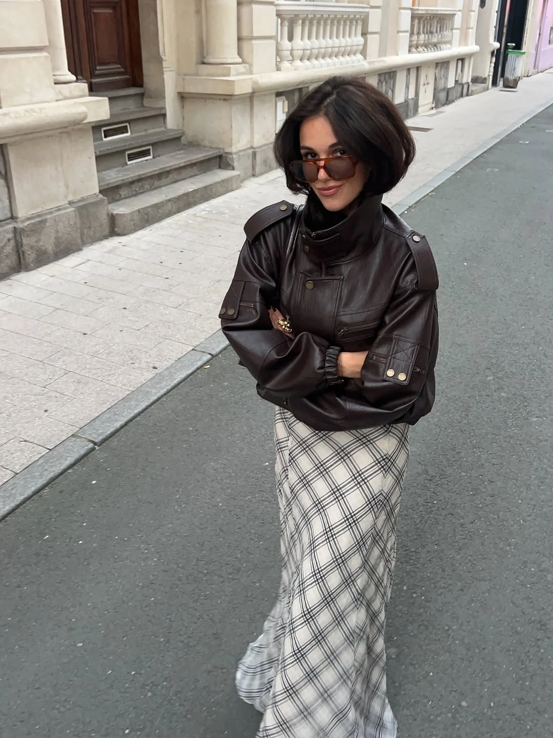 fall classy outfits women 2026 Chocolate Leather And Plaid Skirts Make A Chic Statement