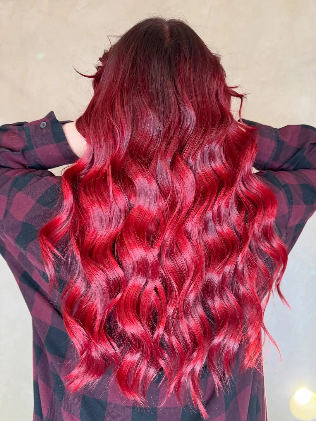 Fall hair colour ideas 2026 Crimson Velvet Waves With Maximum Shine