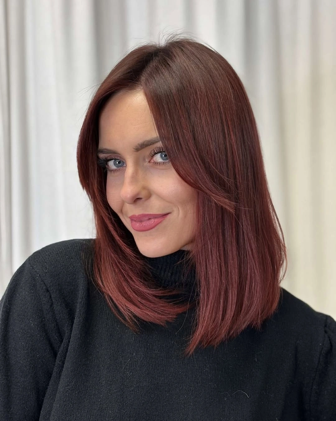 fall hairstyles 2026 Classic Burgundy Lob with Smooth Precision