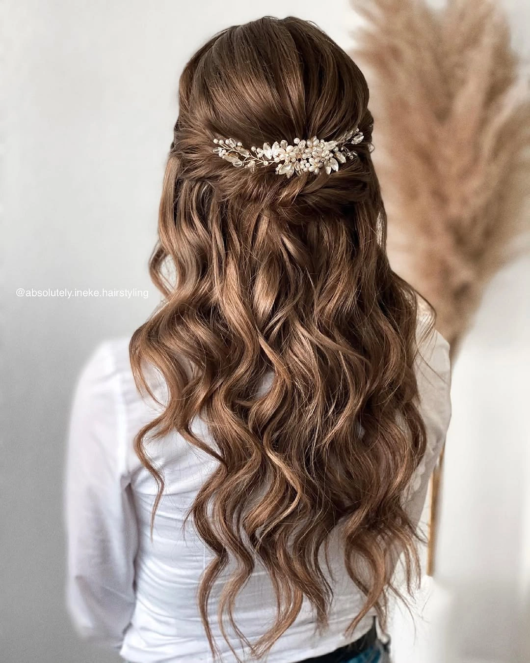 fall hairstyles for long hair 2026 Romantic Bridal Half-Up Waves with Crystal Detail