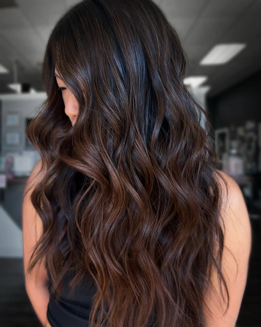 fall hairstyles for long hair 2026 Rich Espresso Waves with Seamless Dimension