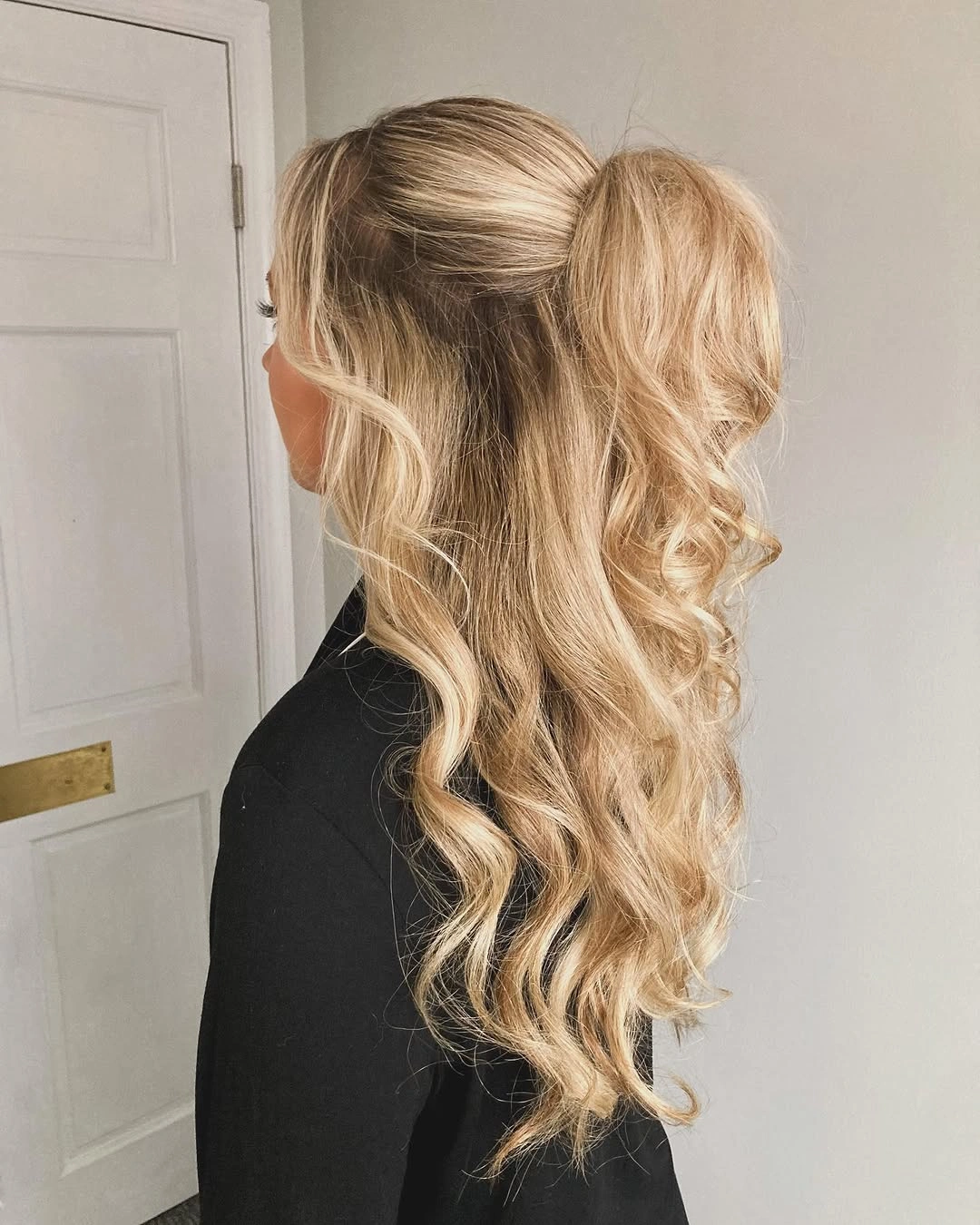 fall hairstyles for long hair 2026 Elegant Half-Up Ponytail with Soft Blonde Waves