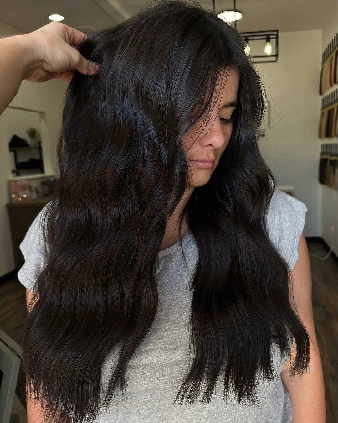 fall hairstyles for long hair 2026 Glossy Espresso Waves for Timeless Elegance