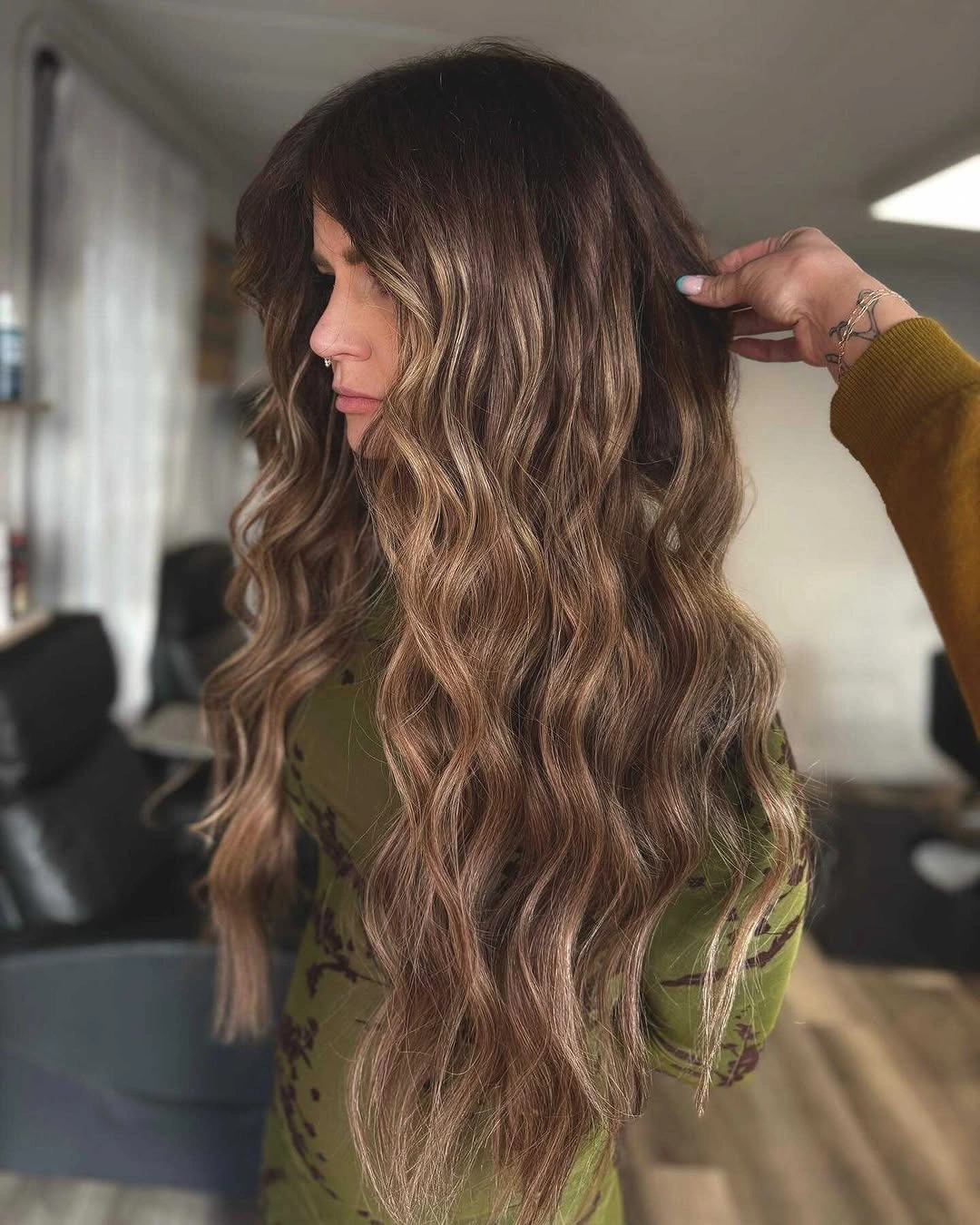 fall hairstyles for long hair 2026 Dimensional Mushroom Brunette with Airy Curtain Bangs