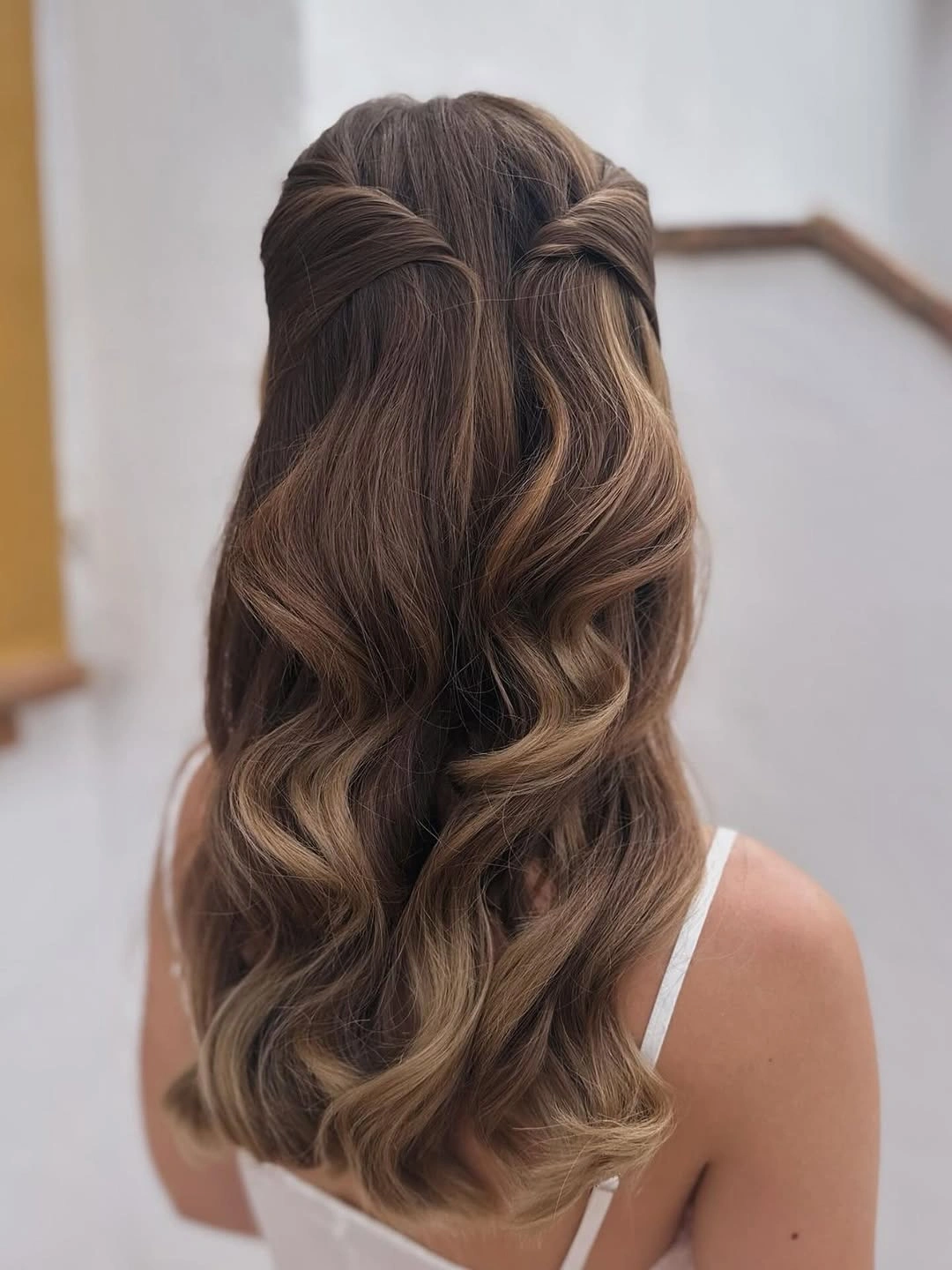 Fall hairstyles for office 2026 Soft Half-Up Waves with Dimensional Brunette Highlights