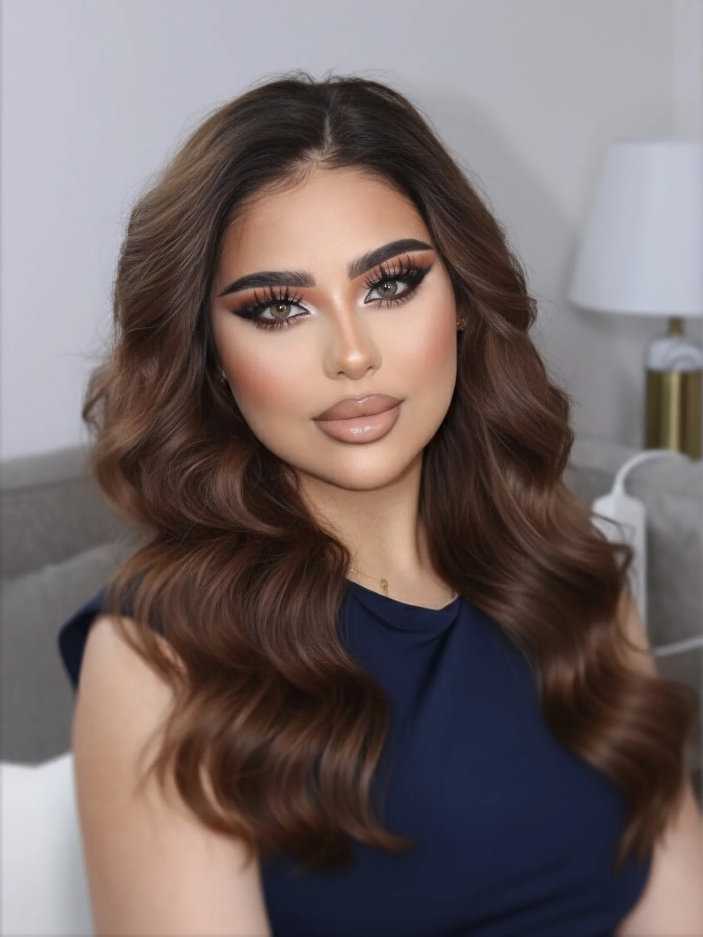 Fall hairstyles for wedding guests 2026 Soft Glam Waves with Rich Chocolate Dimension