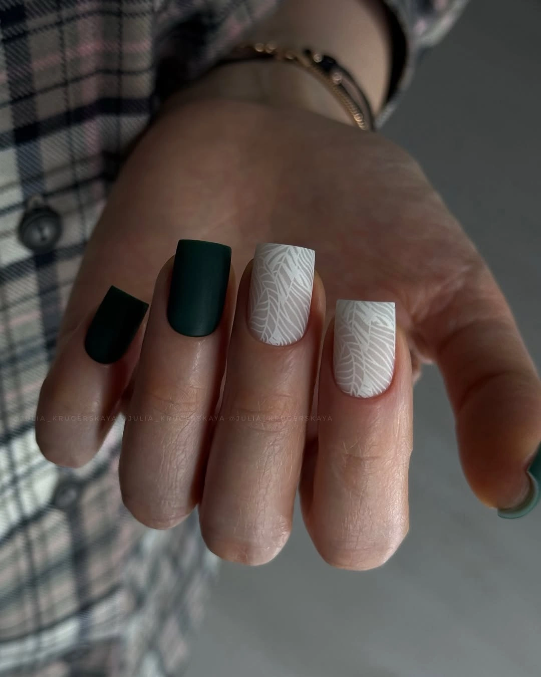 Matte forest green square nails with white leaf accents