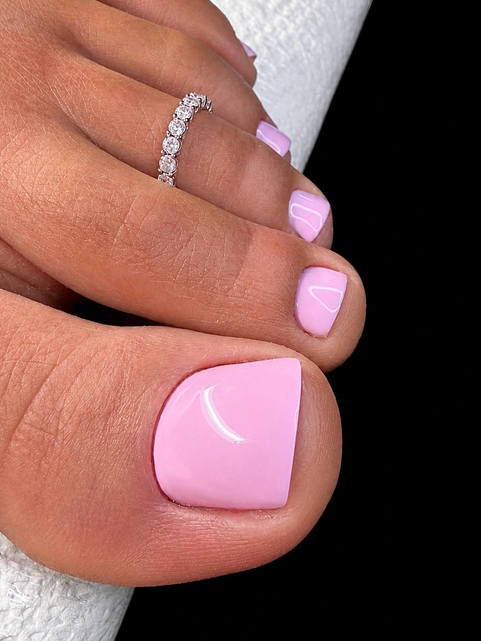 baby pink square toenails with glossy polish