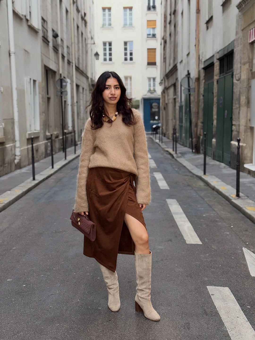 fall professional outfits women 2026 Soft Knitwear Paired with an Elegant Satin Skirt