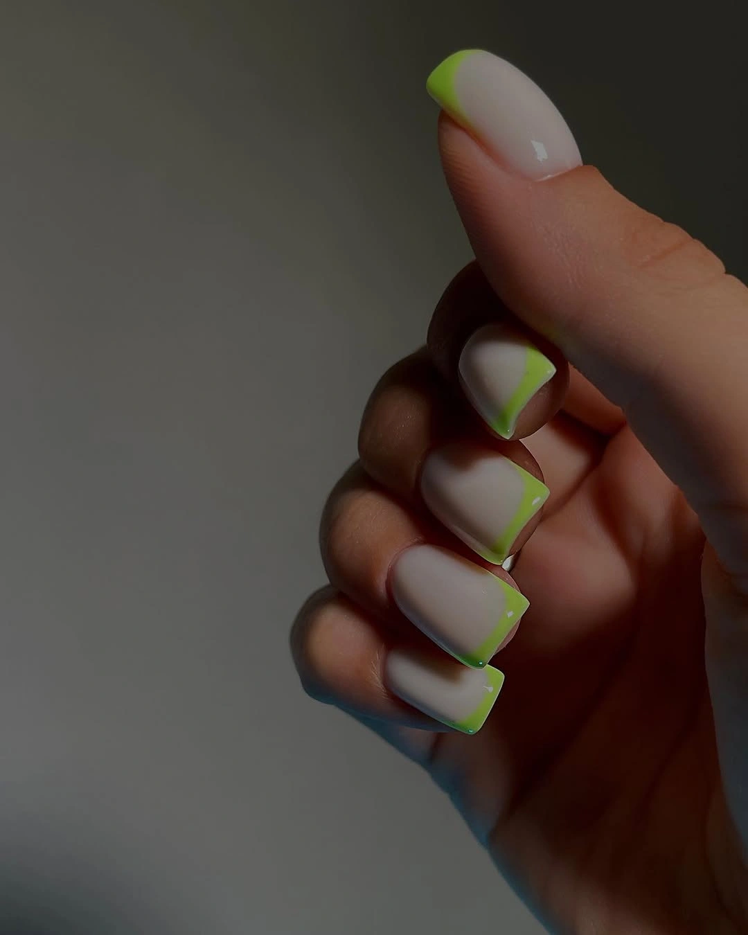 white short nails with lime angled French borders