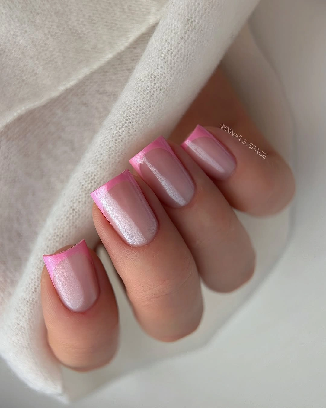 sheer pink short square nails with bright tips