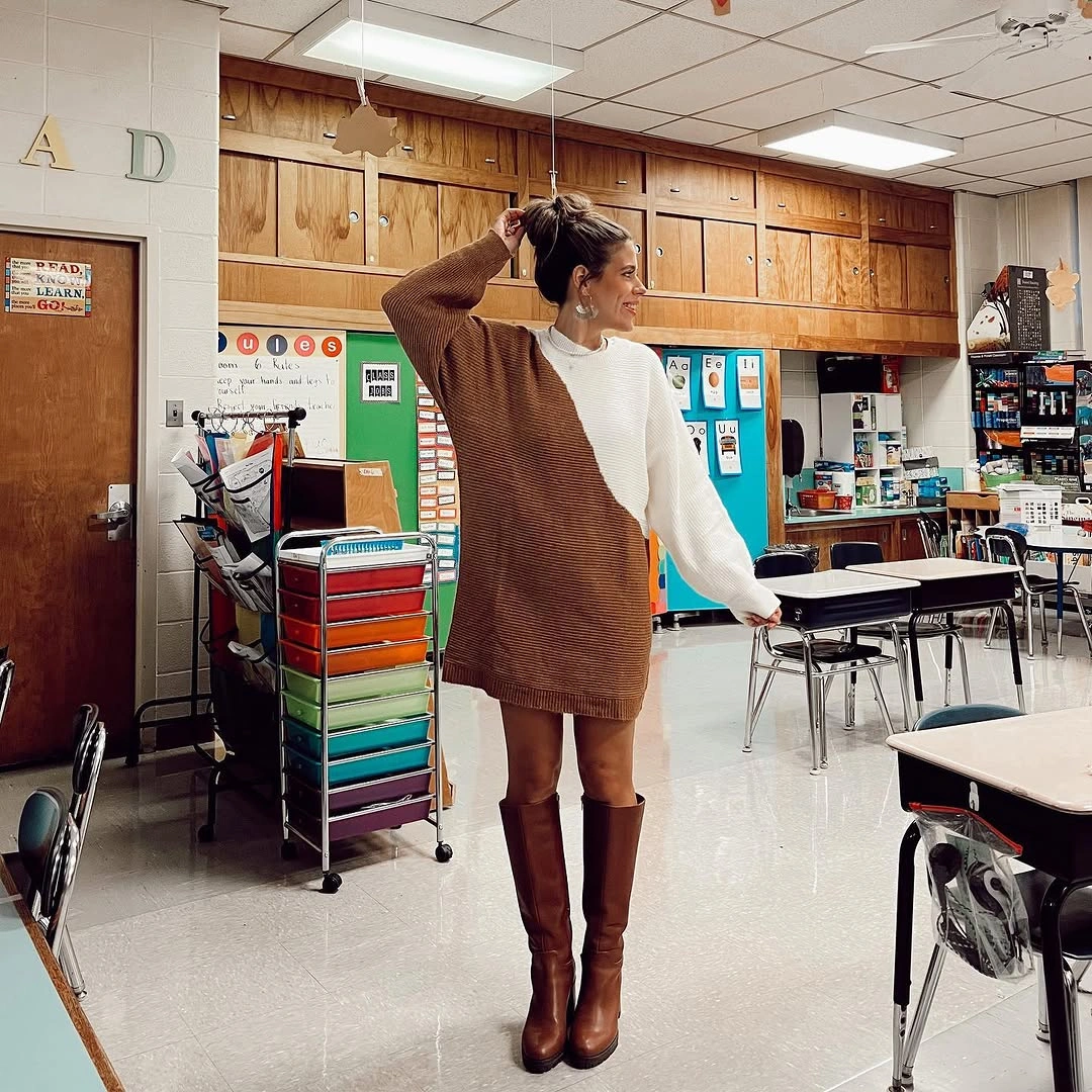 fall sweater dress outfits 2026 Color-Block Knit Dresses That Make Tall Brown Boots Shine