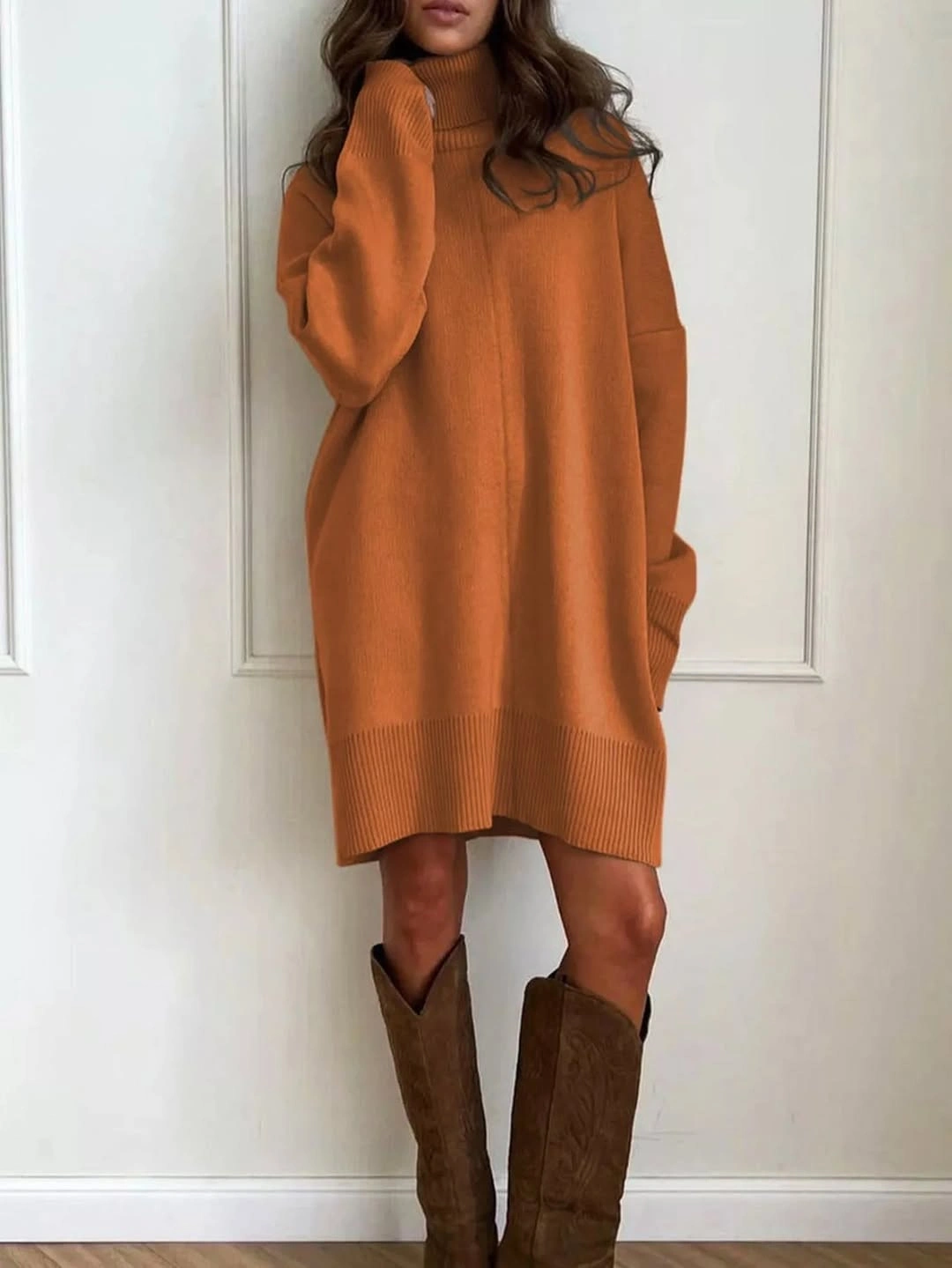 fall sweater dress outfits 2026 Warm Cinnamon Sweater Dresses With Timeless Western Boots