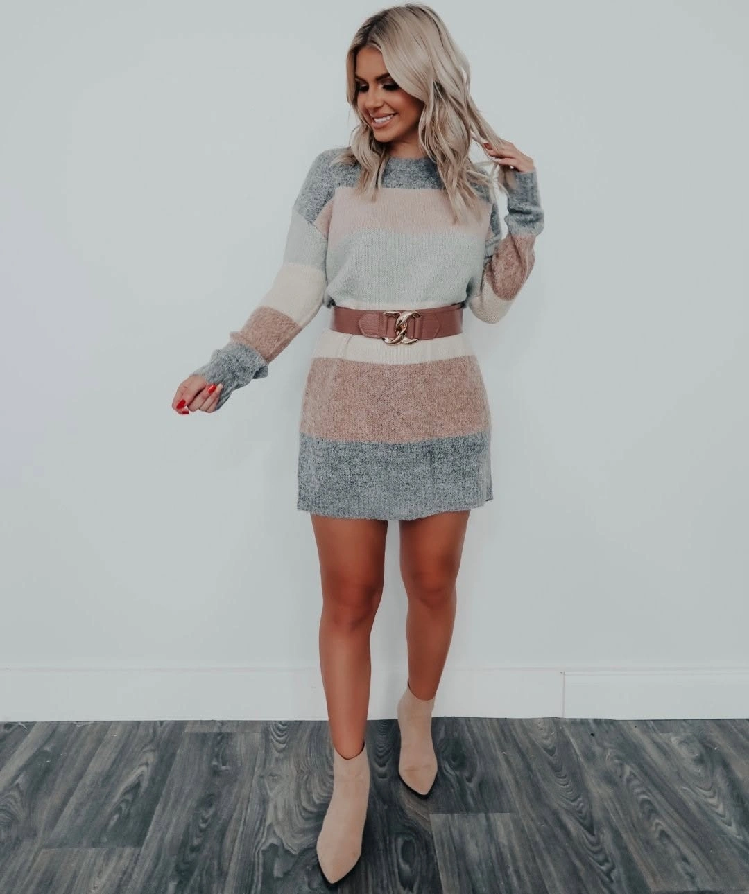 fall sweater dress outfits 2026 Soft Color-Block Sweater Dresses With Feminine Waist Definition