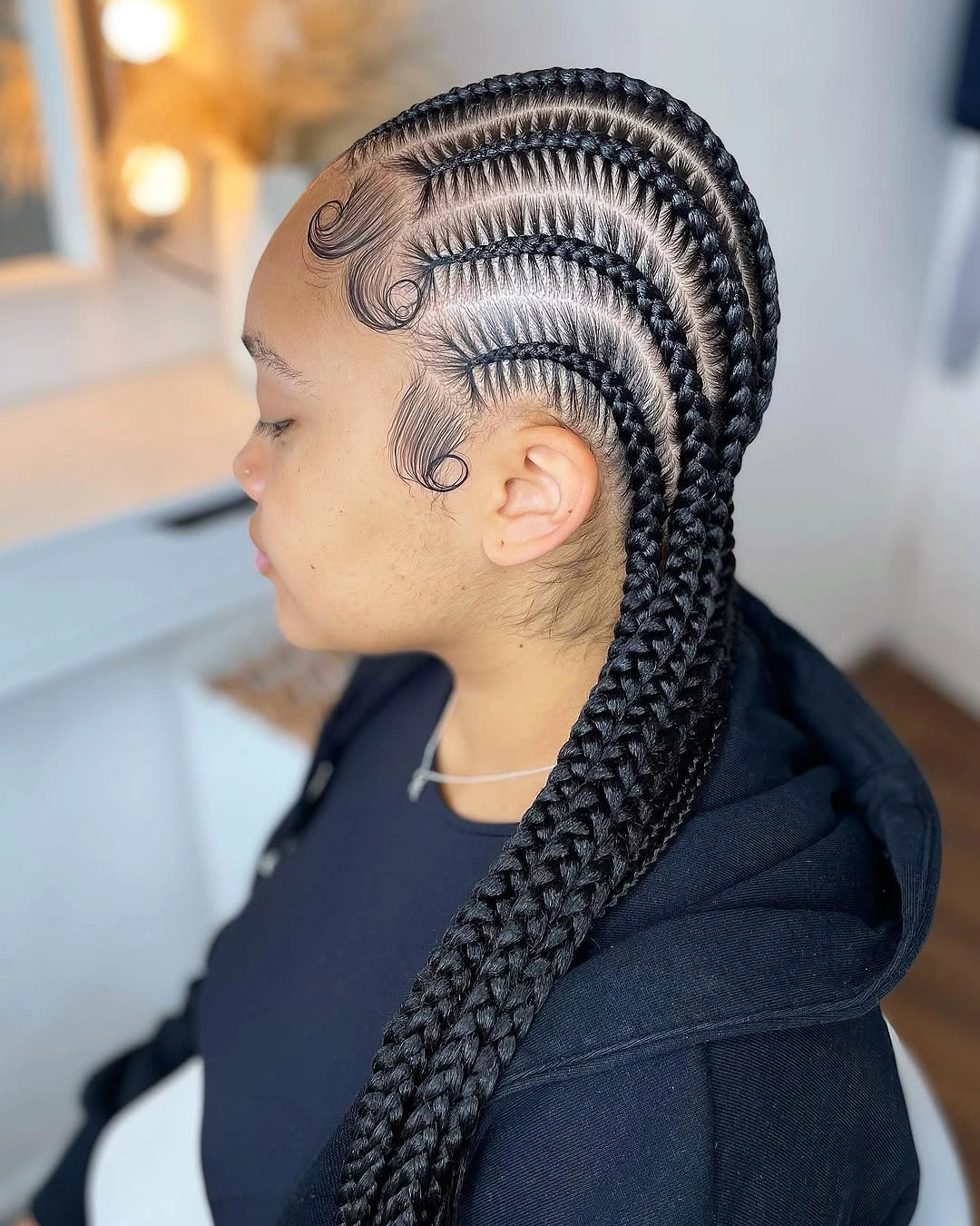 feed in braid hairstyles Feathered Straight-Back Feed-In Braids with Precision Parting