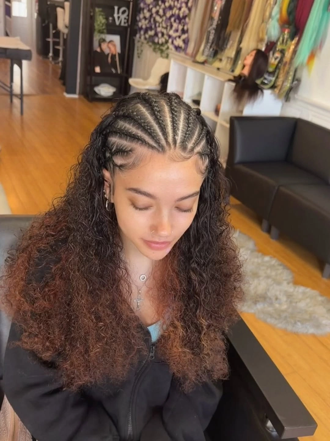 feed in braid hairstyles Half-Up Cornrows with Soft Natural Curls