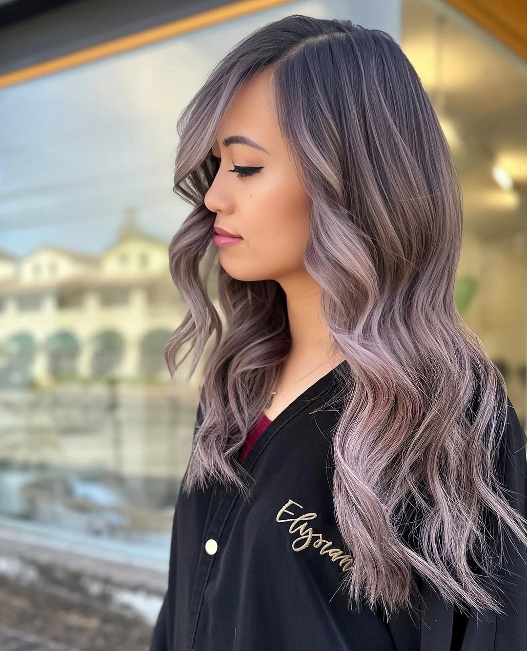 full head babylights blonde on brown hair Smoky Lavender-Ash Babylights on Brown Waves