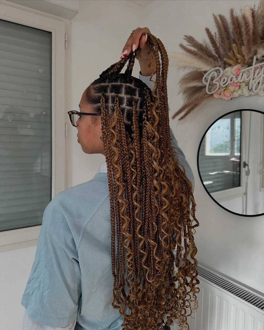 goddess braid High Ponytail Goddess Braids with Brown and Blonde Dimension
