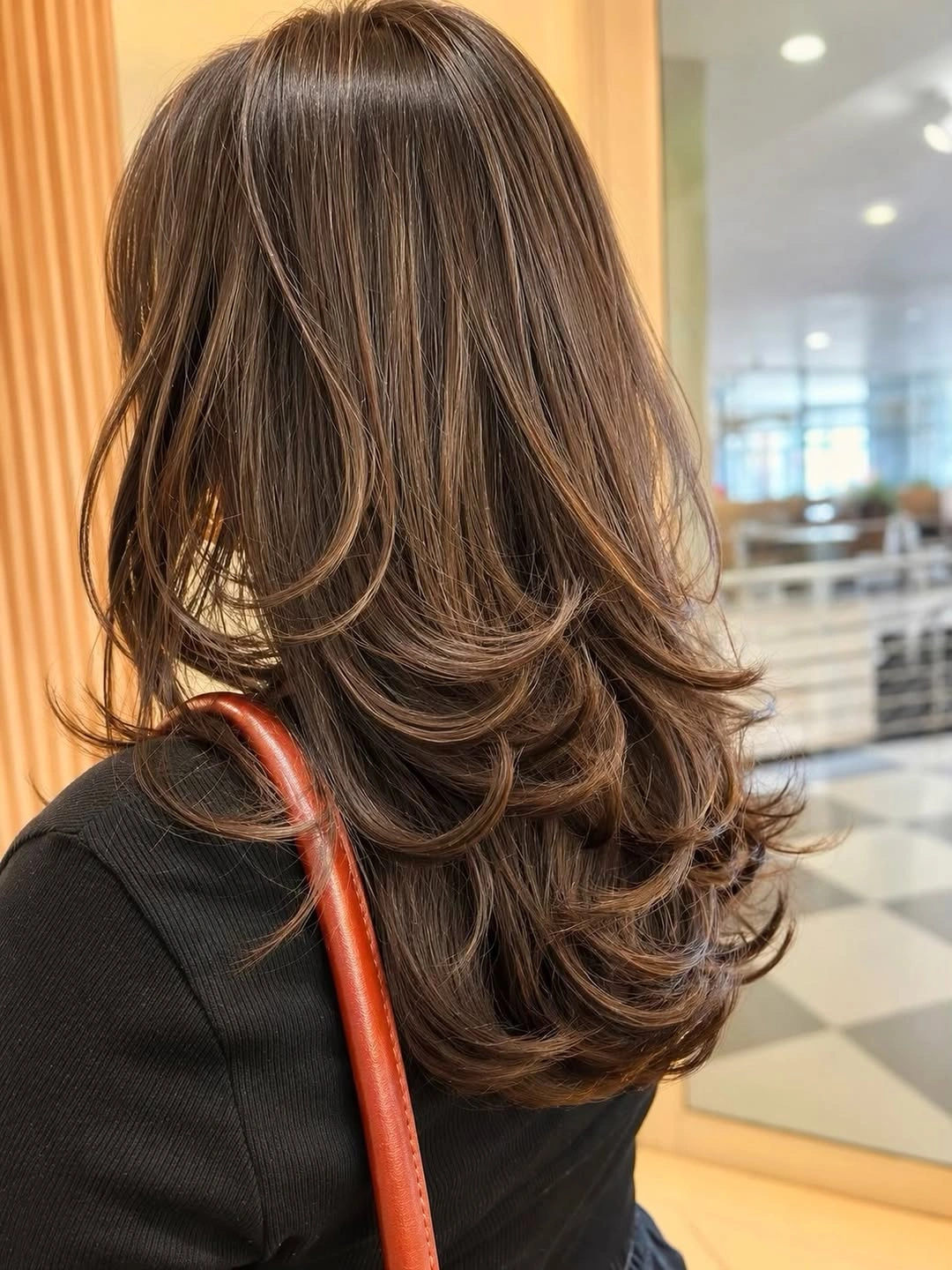Hair Lowlights: Color Ideas and Inspiration Feathered Layers with Warm Chocolate Dimension
