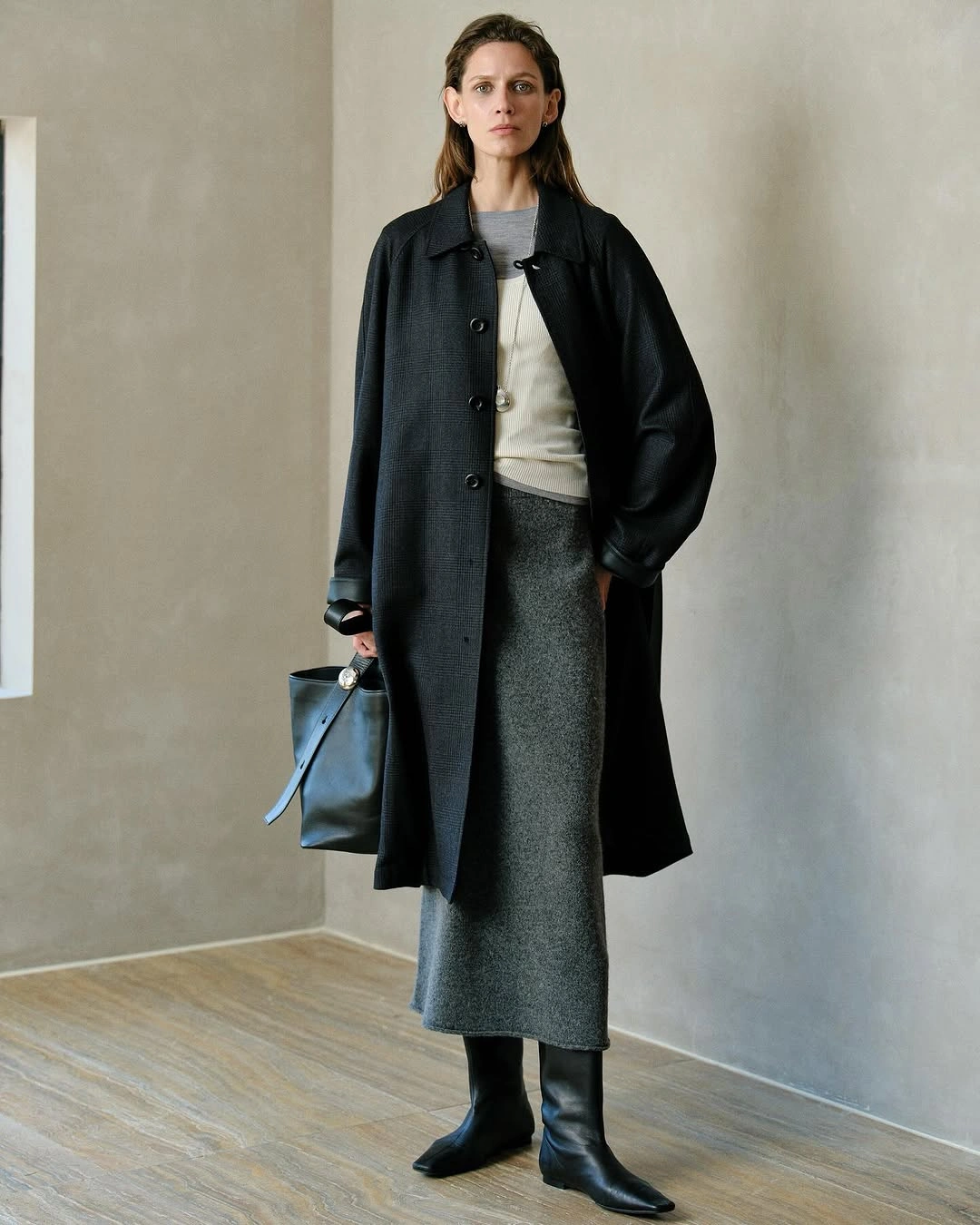 knit skirt outfits fall 2026 Grey Knit Maxi With Modern Minimalist Layers