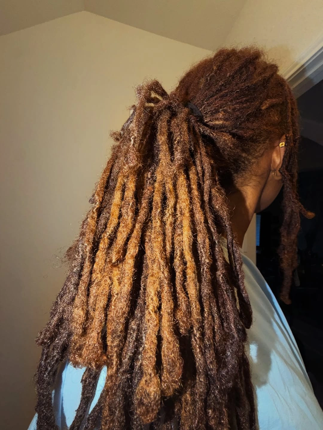 locs hairstyles for black women Dimensional Brown Locs with a Relaxed Half-Up Style