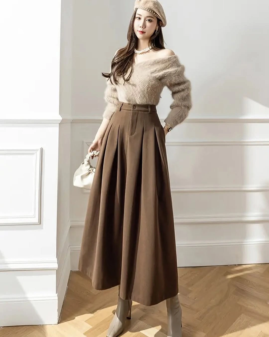 midi skirt fall outfit 2026 Elegant Brown Pleated Midi Skirt with Soft Neutral Knitwear