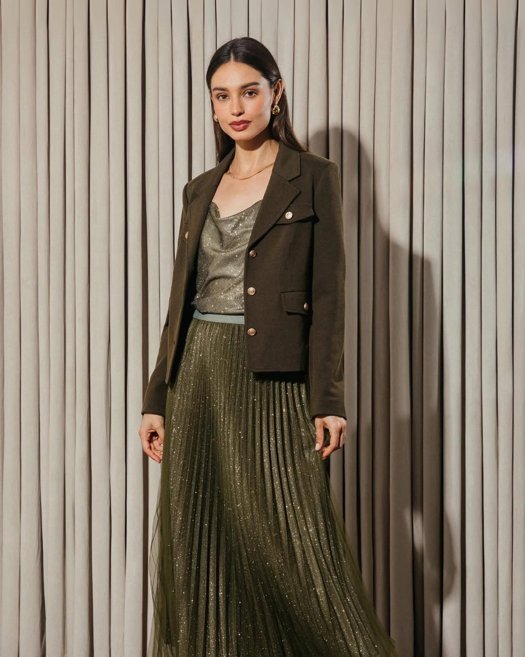 midi skirt fall outfit 2026 Olive Pleated Midi Skirt with Tailored Evening Layers