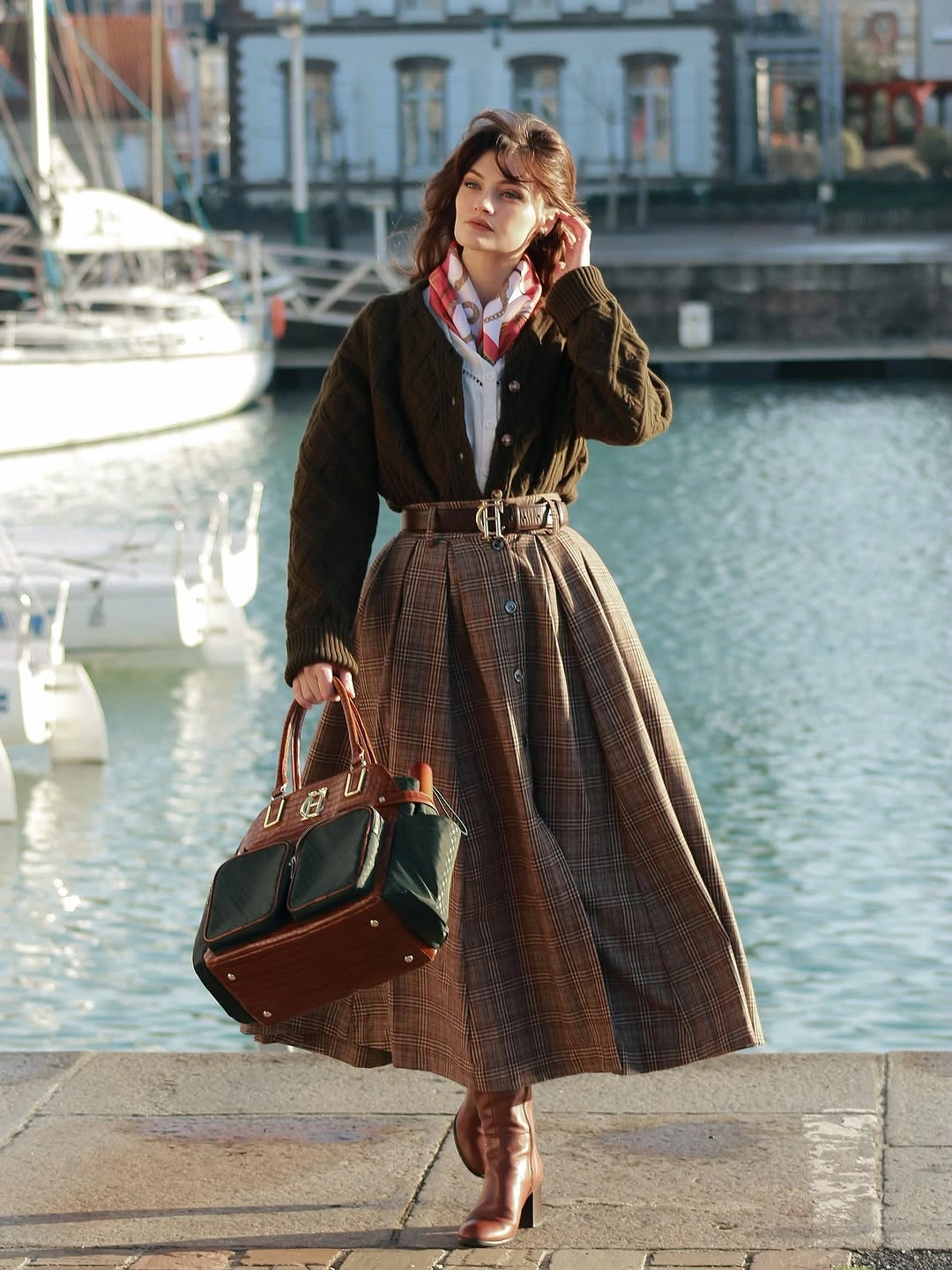 midi skirt fall outfit 2026 Classic Brown Plaid Midi Skirt with Heritage Autumn Layers