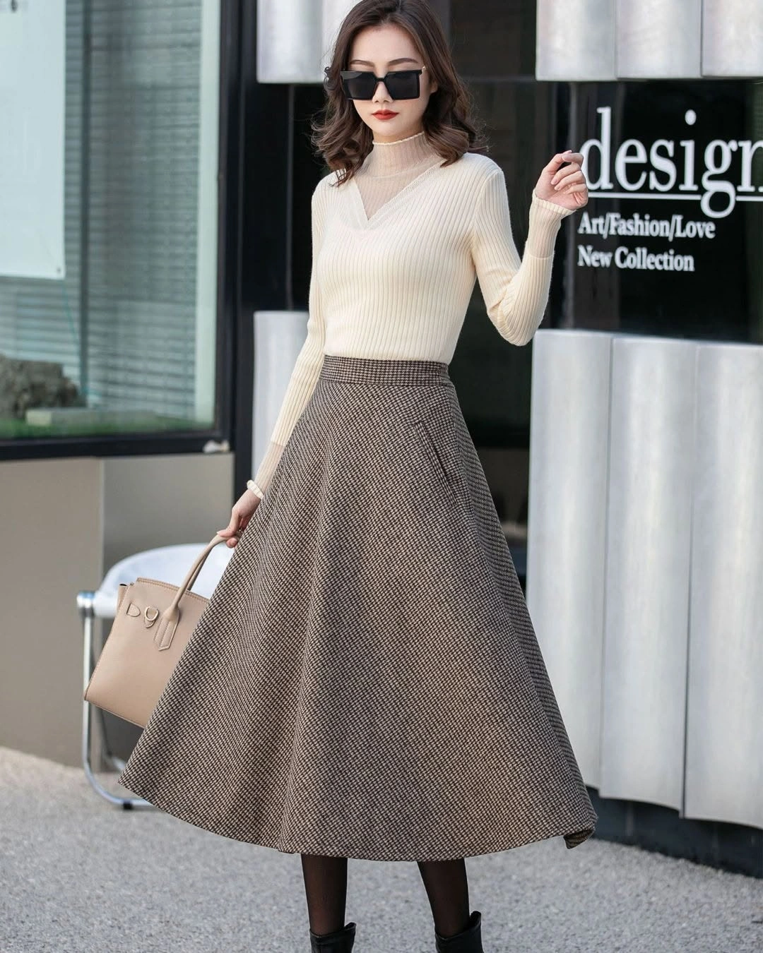 midi skirt fall outfit 2026 Elegant Beige A-Line Midi Skirt with a Ribbed Knit Top