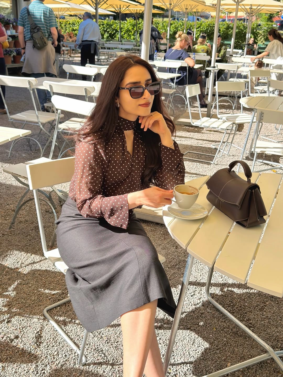 midi skirt fall outfit 2026 Soft Polka Dots with a Tailored Grey Midi Skirt