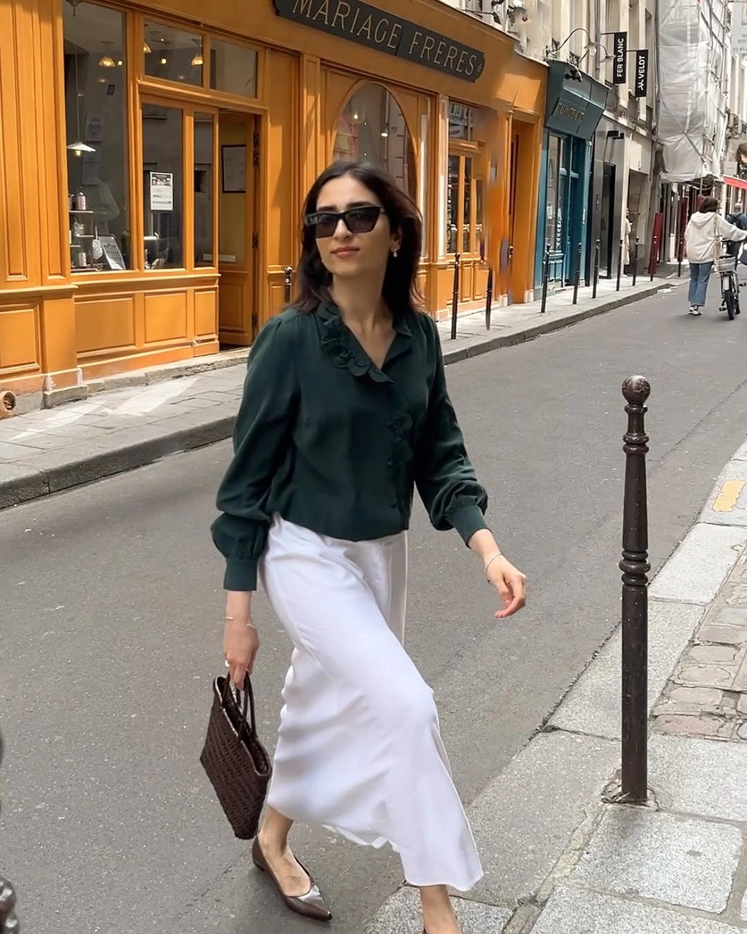 midi skirt fall outfit 2026 Forest Green Blouse with a Crisp White Satin Midi Skirt