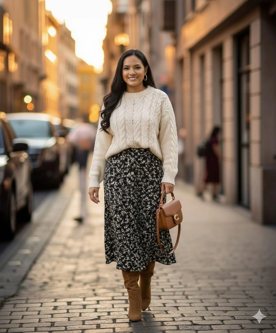midi skirt fall outfit 2026 Cozy Cream Knit with a Floral Midi Skirt and Suede Boots